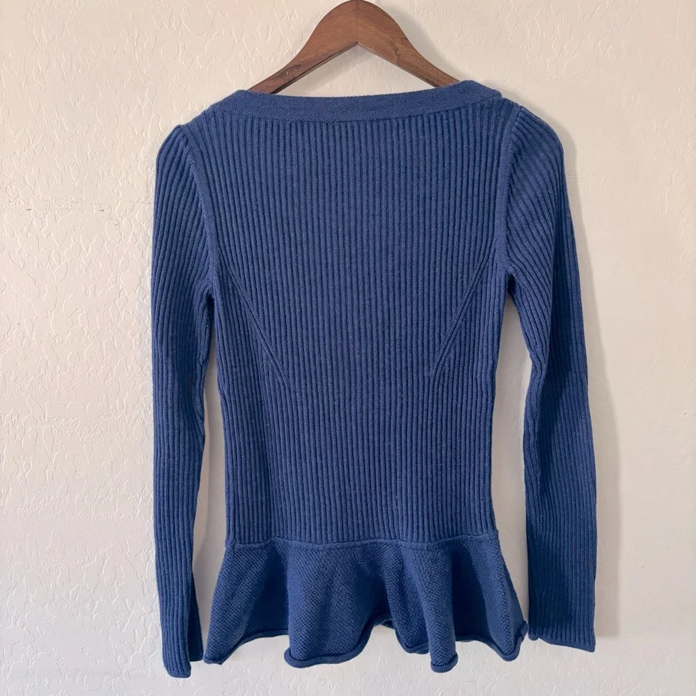 Tory Burch Ramona Merino Wool Peplum‎ Ribbed Sweater Wide Neck Large Blue EUC